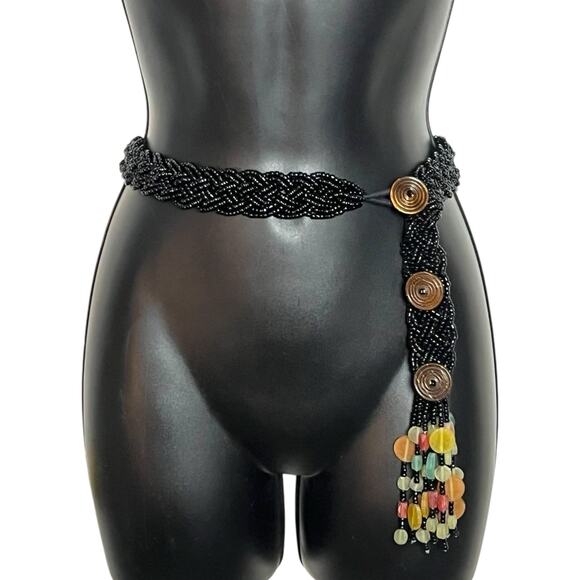VINTAGE Y2K BEADED TASSEL BELT BLACK BRAIDED BOHO WHIMSIGOTH FAIRY SIZE L XL EUC - Picture 1 of 3
